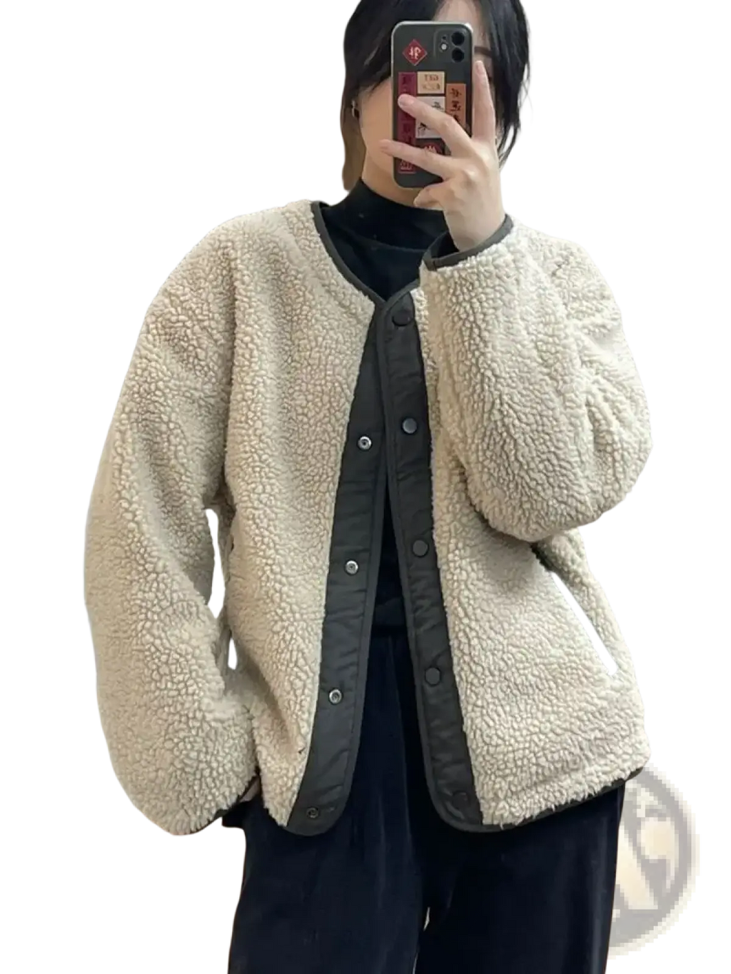 Women shearling bomber jacket in cream with dark gray trim and button closure made of soft shearling material