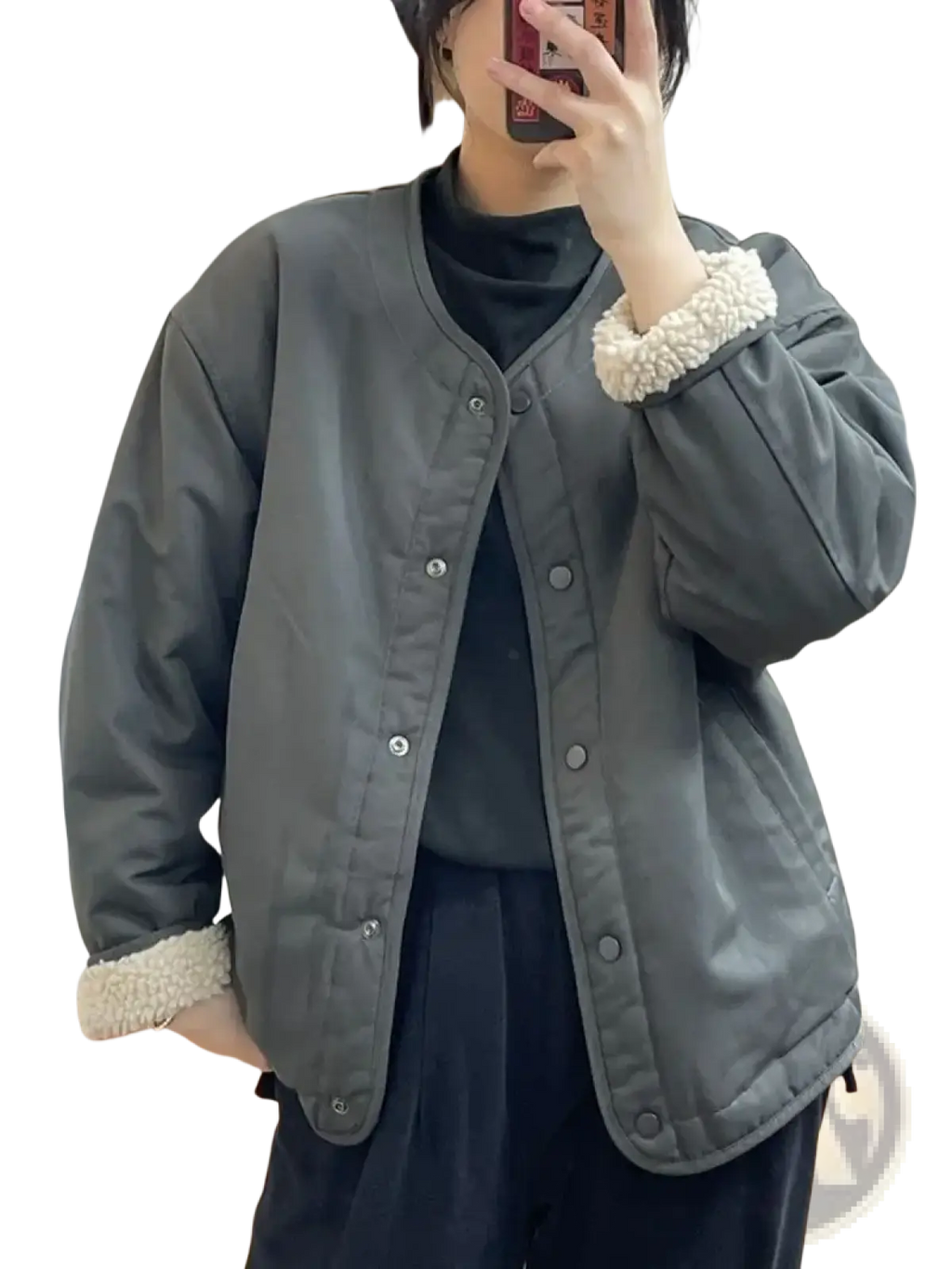 Gray quilted women shearling bomber jacket with plush white shearling cuffs and collar lining for cold weather