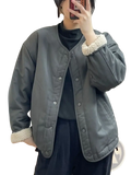 Gray quilted women shearling bomber jacket with plush white shearling cuffs and collar lining for cold weather