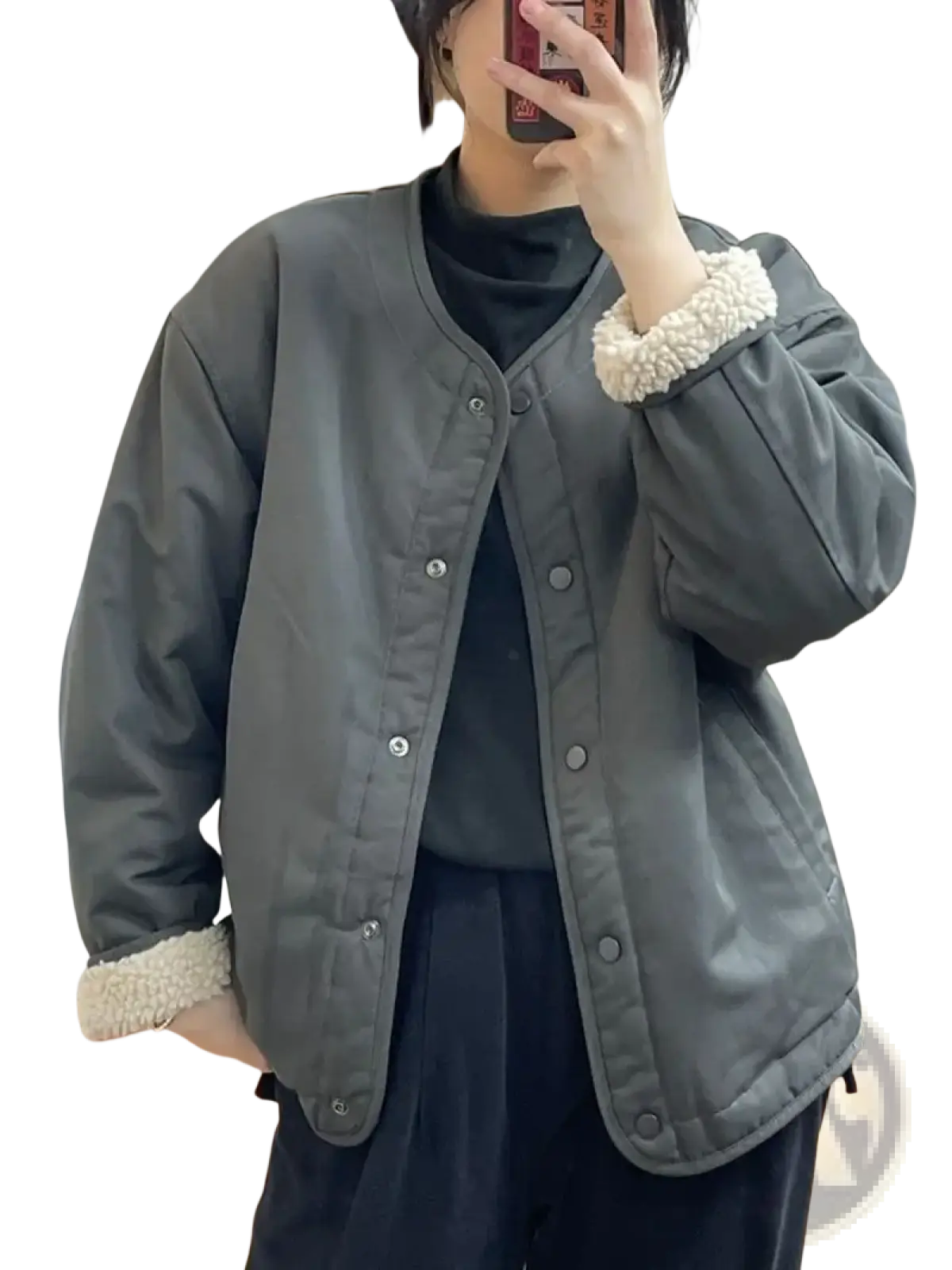 Gray quilted women shearling bomber jacket with plush white shearling cuffs and collar lining for cold weather