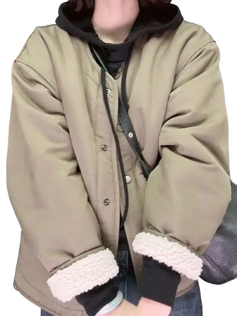 Women shearling bomber jacket in olive green quilted fabric with black hood and white shearling cuffs