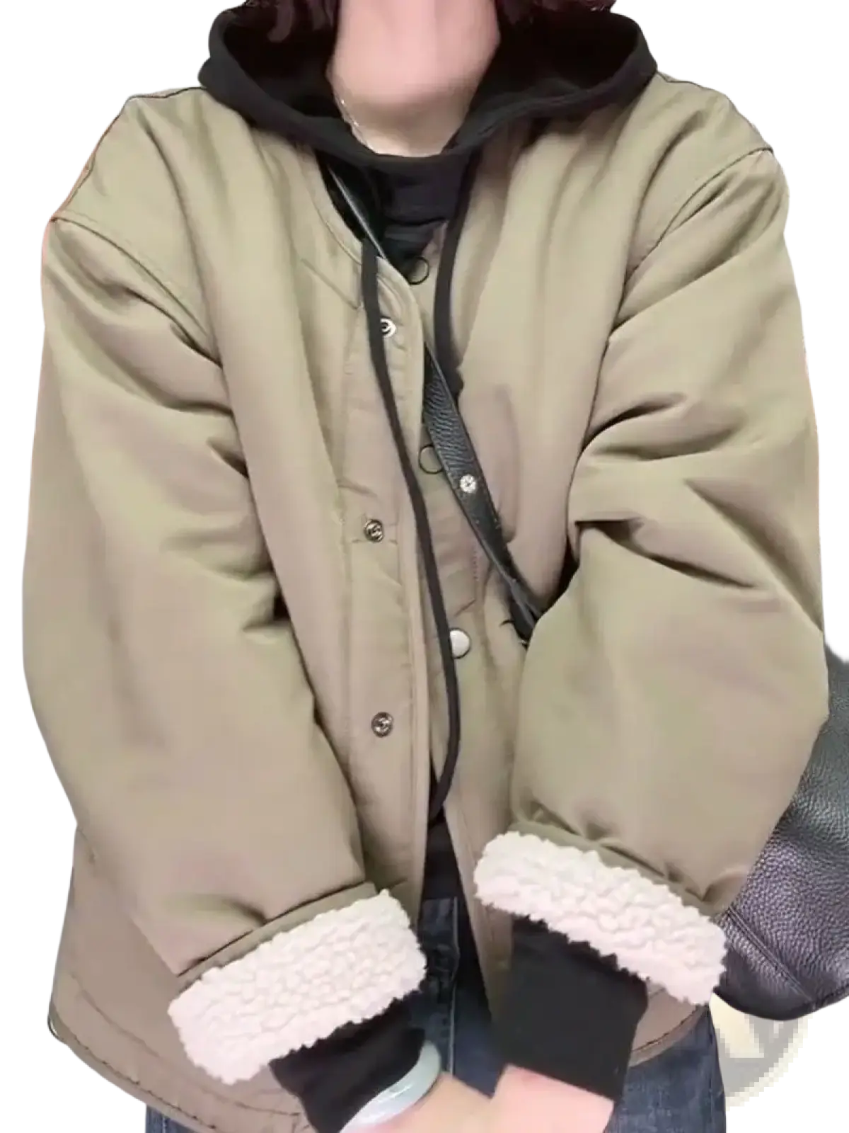 Women shearling bomber jacket in olive green quilted fabric with black hood and white shearling cuffs