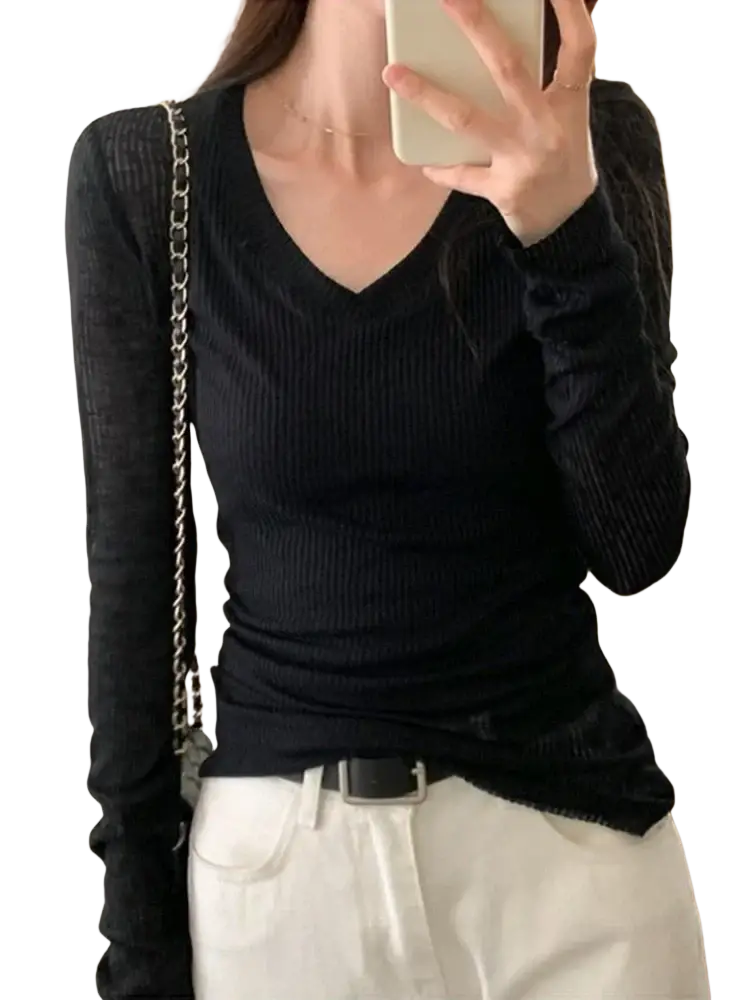 Black ribbed sheer long sleeve v neck top for women slim casual tee perfect for everyday wear