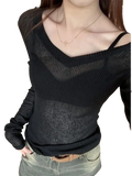 Black sheer long sleeve v neck top with thin shoulder straps slim casual tee for women in lightweight fabric