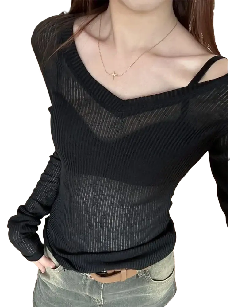 Black sheer long sleeve v neck top with thin shoulder straps slim casual tee for women in lightweight fabric