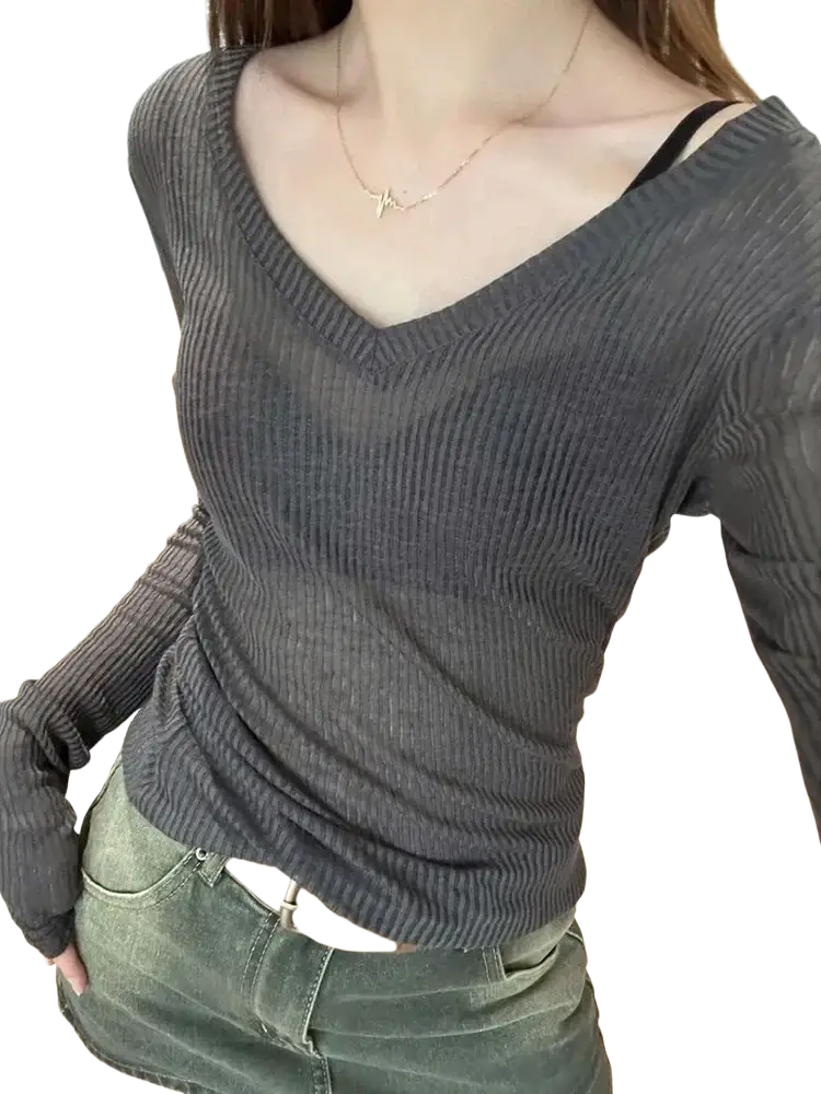 Dark gray ribbed knit women sheer long sleeve v neck top slim casual tee front view