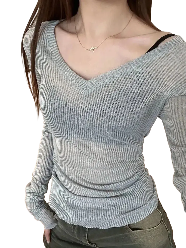 A fitted gray ribbed knit long sleeve v neck top for women slim casual tee with sheer fabric