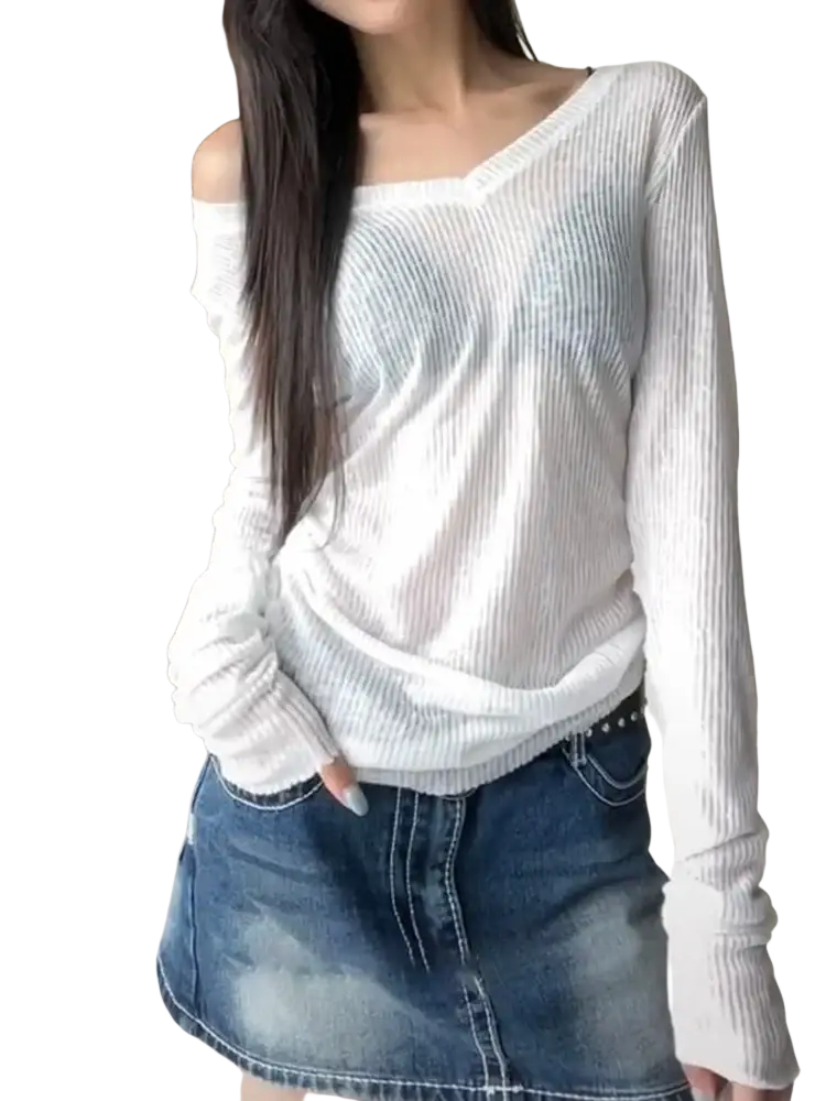 White ribbed long-sleeve off-shoulder sheer v neck top for women slim casual tee in lightweight fabric
