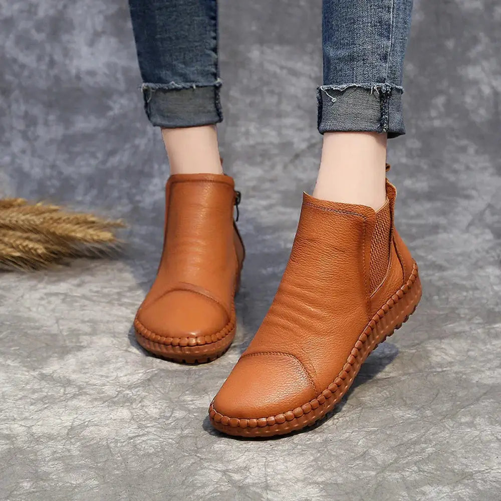 Women’s tan leather velvet lined winter chelsea boots with stitched sole and elastic side panels