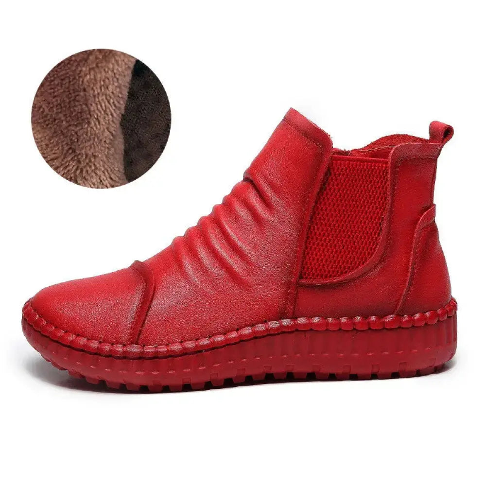 Women’s tan leather winter Chelsea boot with red textured distressed finish and elastic side panels