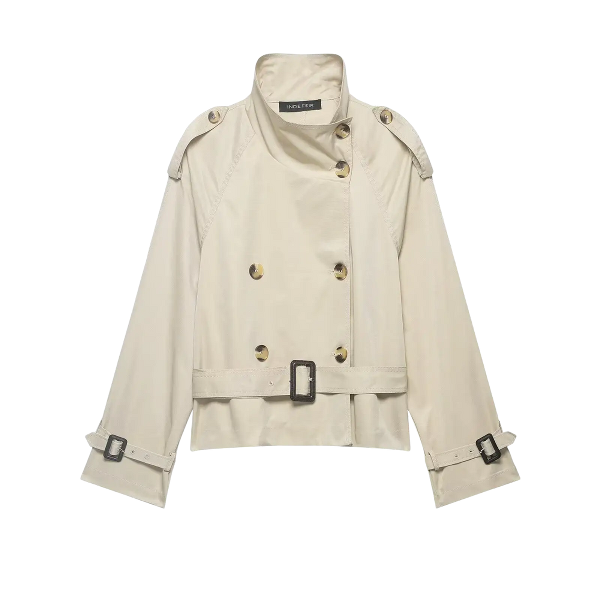 Women short beige trench coat featuring gold toned buttons and black buckle accents in a classic design