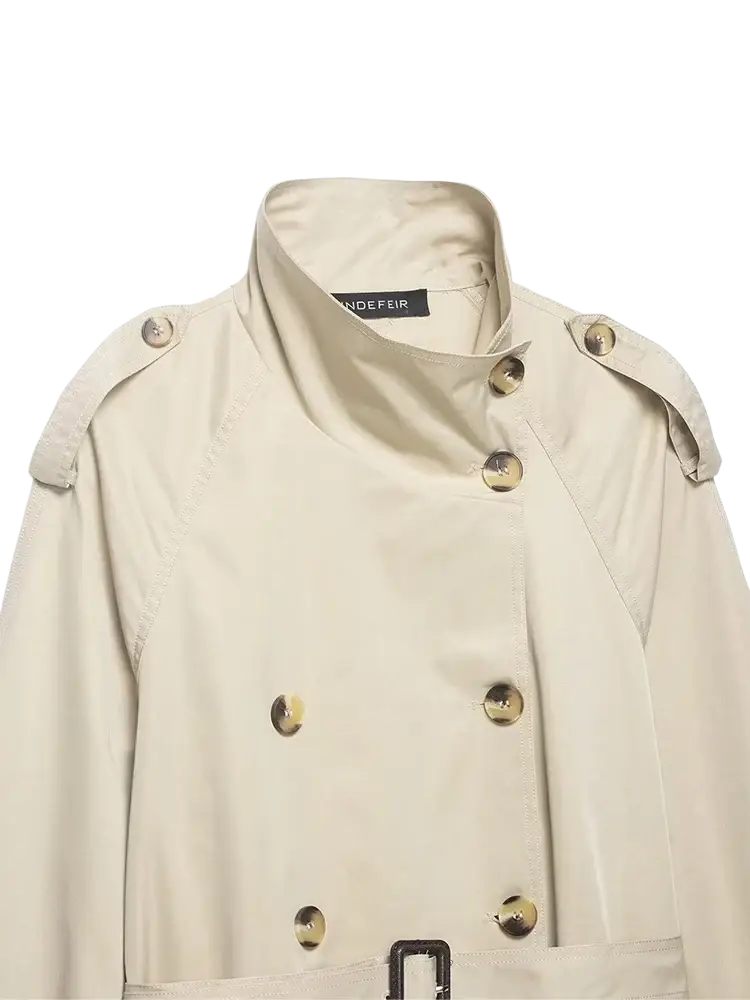 Women short beige trench coat featuring gold toned buttons and a structured collar for elegant outerwear