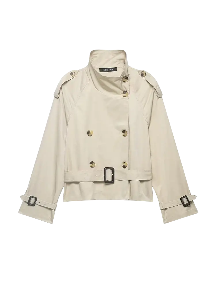Women short beige trench coat featuring gold-tone buttons and black buckle details on the front side
