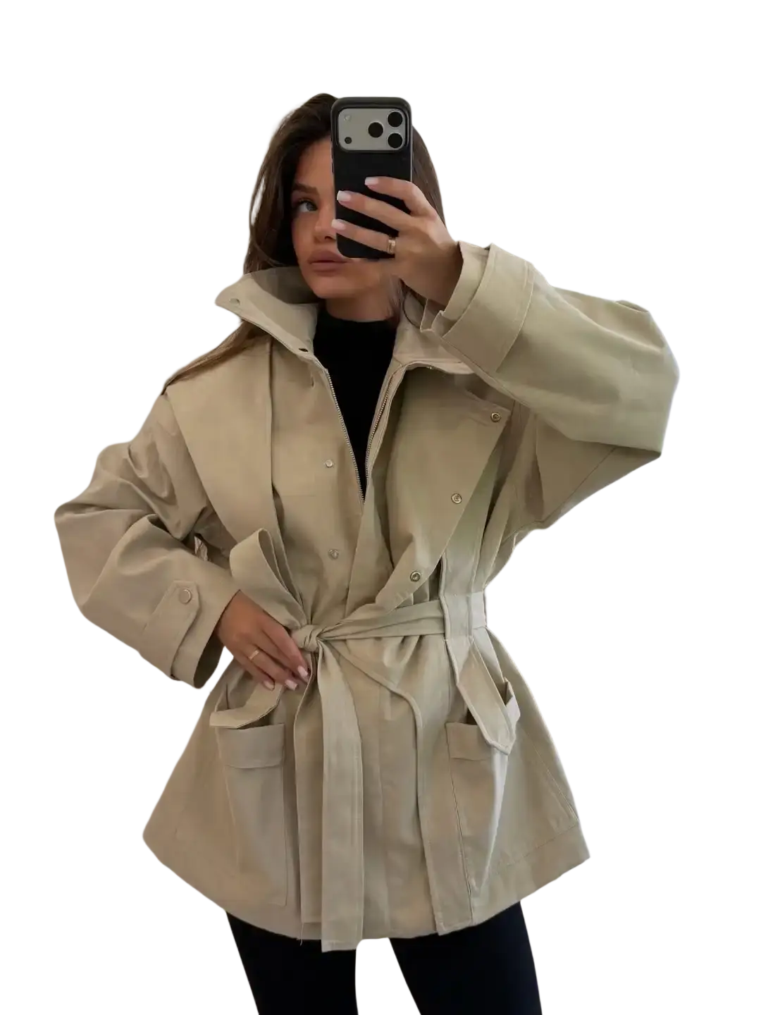 Women short beige belted trench coat with structured collar and front button closure for versatile outerwear