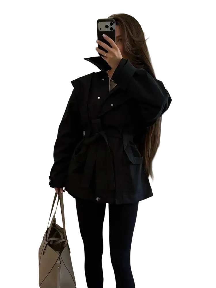 Women short beige trench coat belted utility jacket featuring a black belted trench coat with oversized sleeves and structured collar