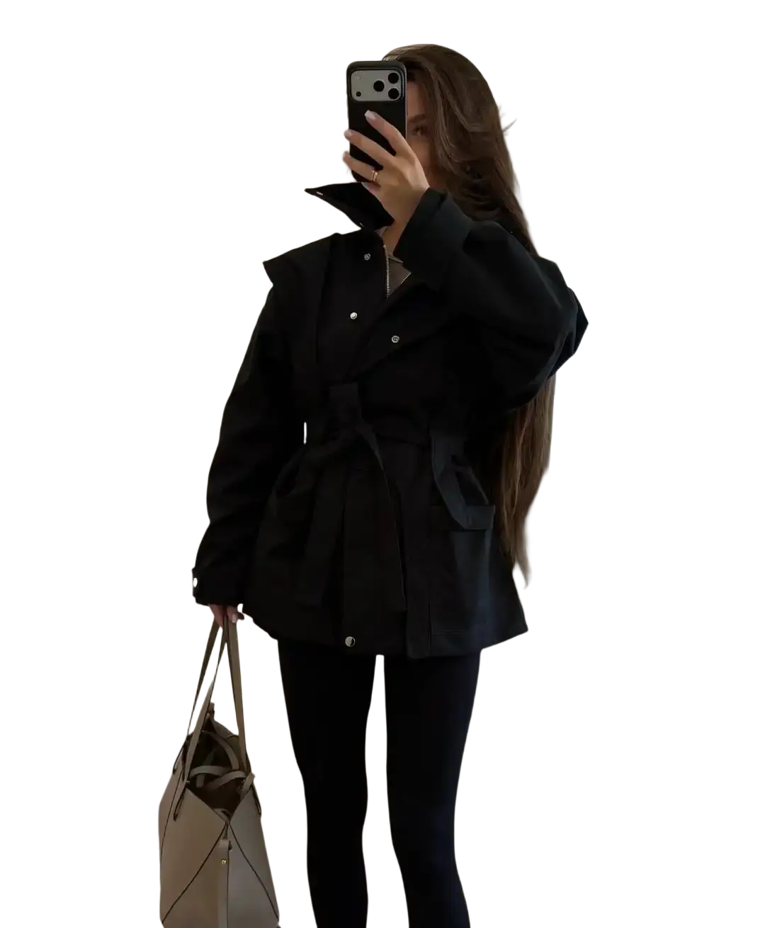 Black belted women short beige trench coat with oversized sleeves and structured shoulders in a utility jacket style