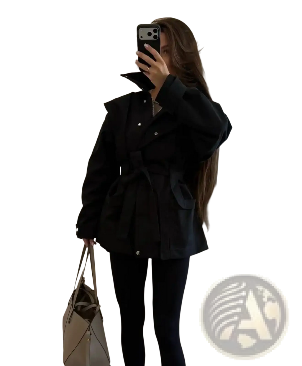 Black belted women short beige trench coat with oversized sleeves and structured shoulders in a utility jacket style