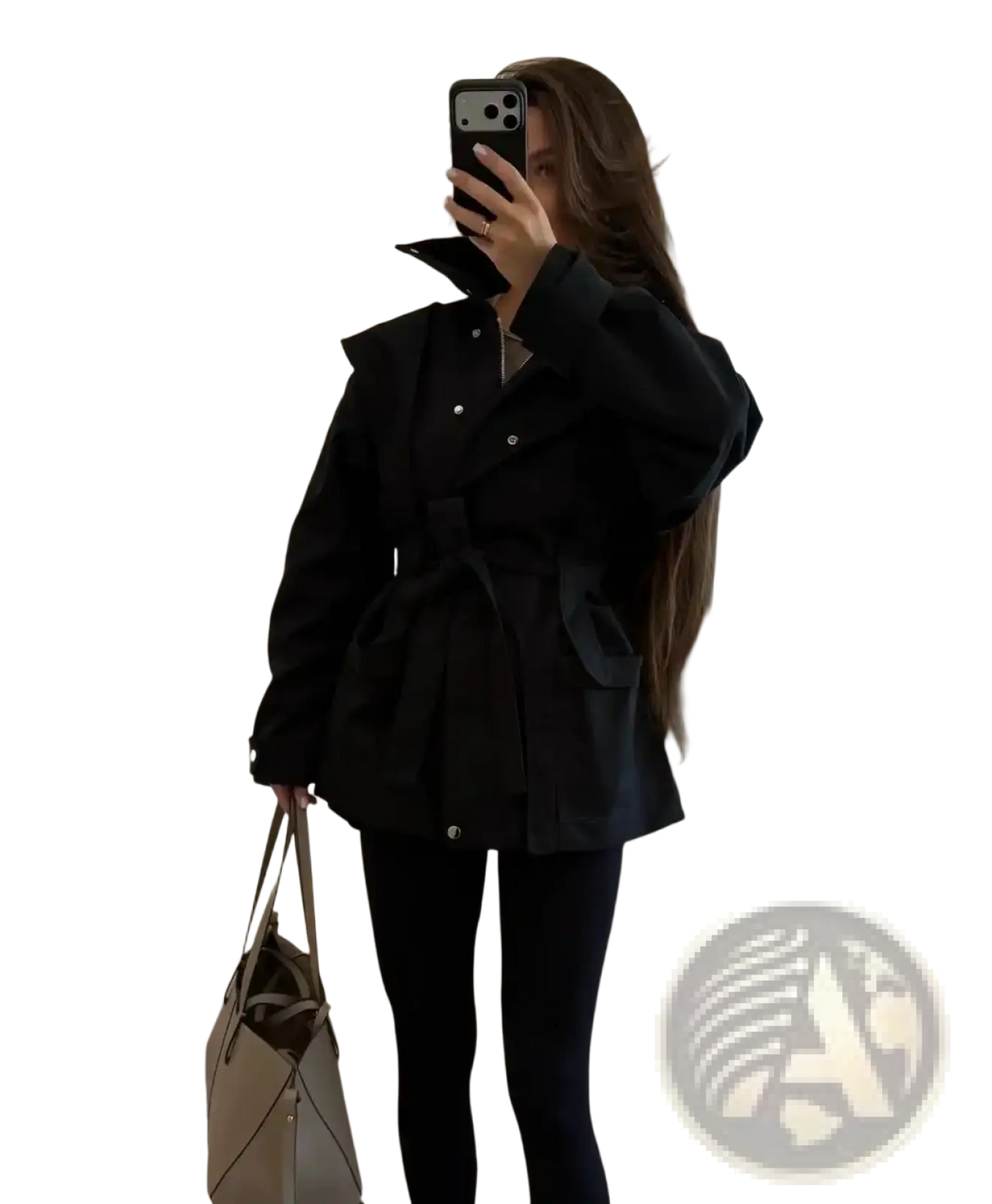 Black belted women short beige trench coat with oversized sleeves and structured shoulders in a utility jacket style
