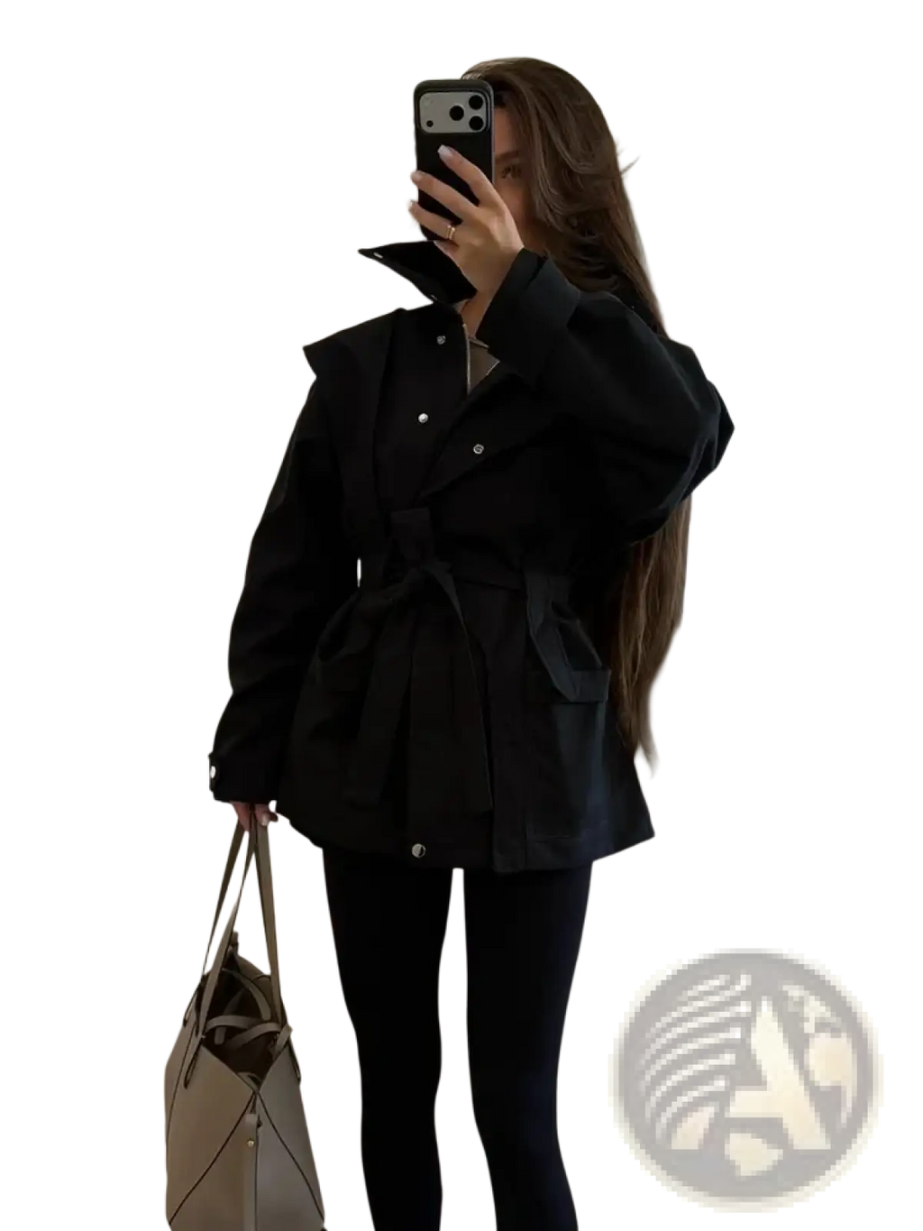 Women short beige trench coat belted utility jacket featuring a black belted trench coat with oversized sleeves and structured collar