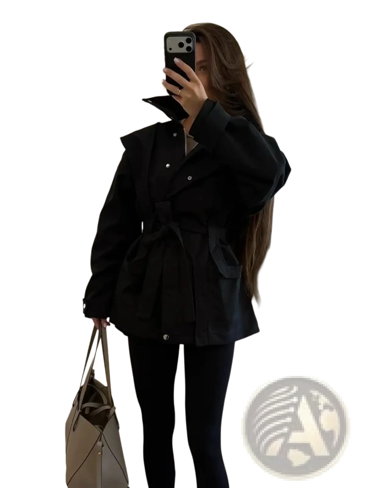 Women short beige trench coat belted utility jacket featuring a black belted trench coat with oversized sleeves and structured collar