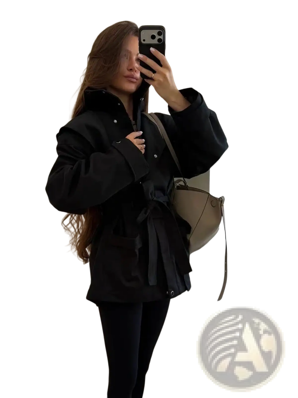 Women short beige trench coat with black belt structured oversized silhouette and button detailing