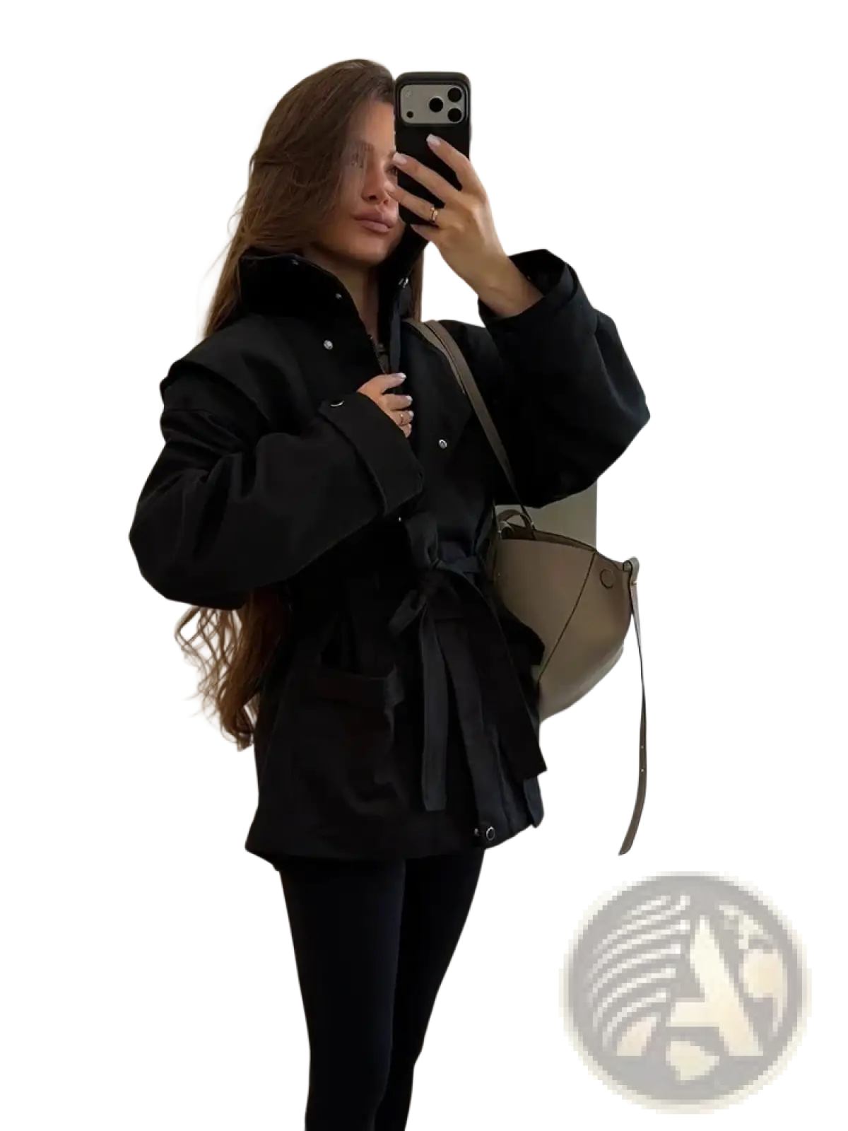 Women short beige trench coat with black belt structured oversized silhouette and button detailing