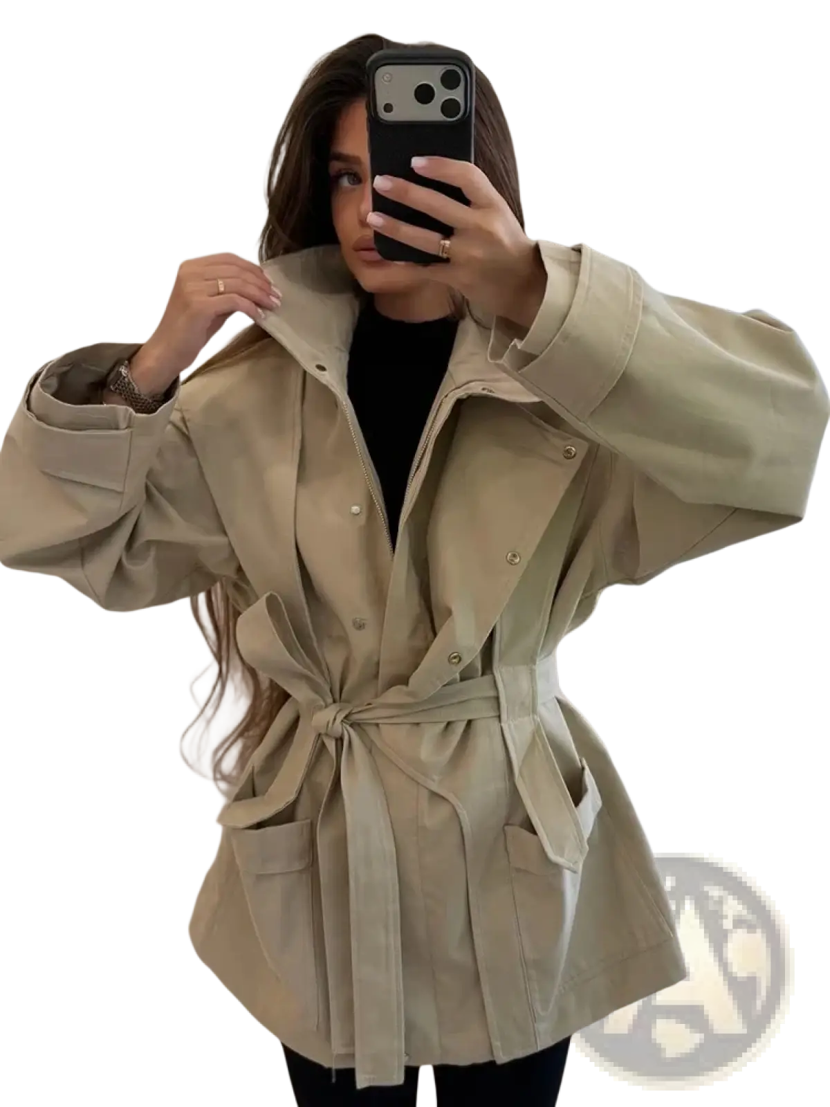 Women short beige trench coat with belt closures buttoned flap pockets in a lightweight utility fabric
