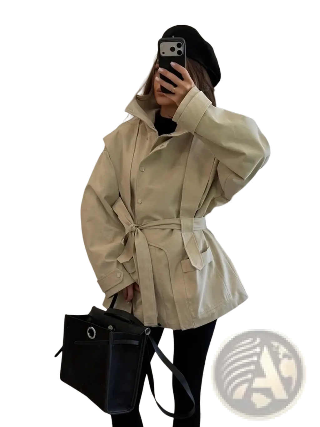 Women short beige trench coat with belted waist, structured collar, and buttoned front closure for utility wear