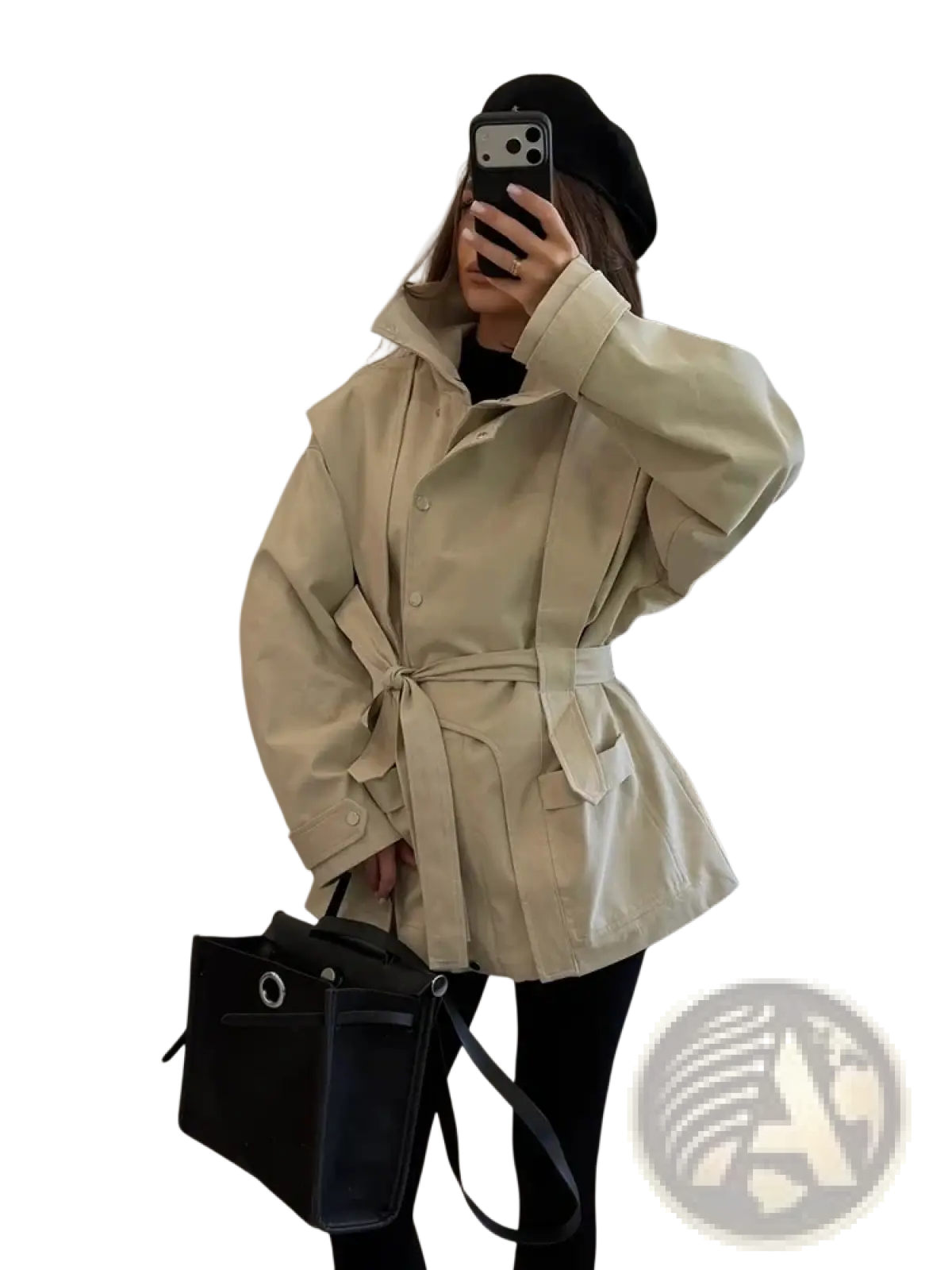 Women short beige trench coat with belted waist, structured collar, and buttoned front closure for utility wear