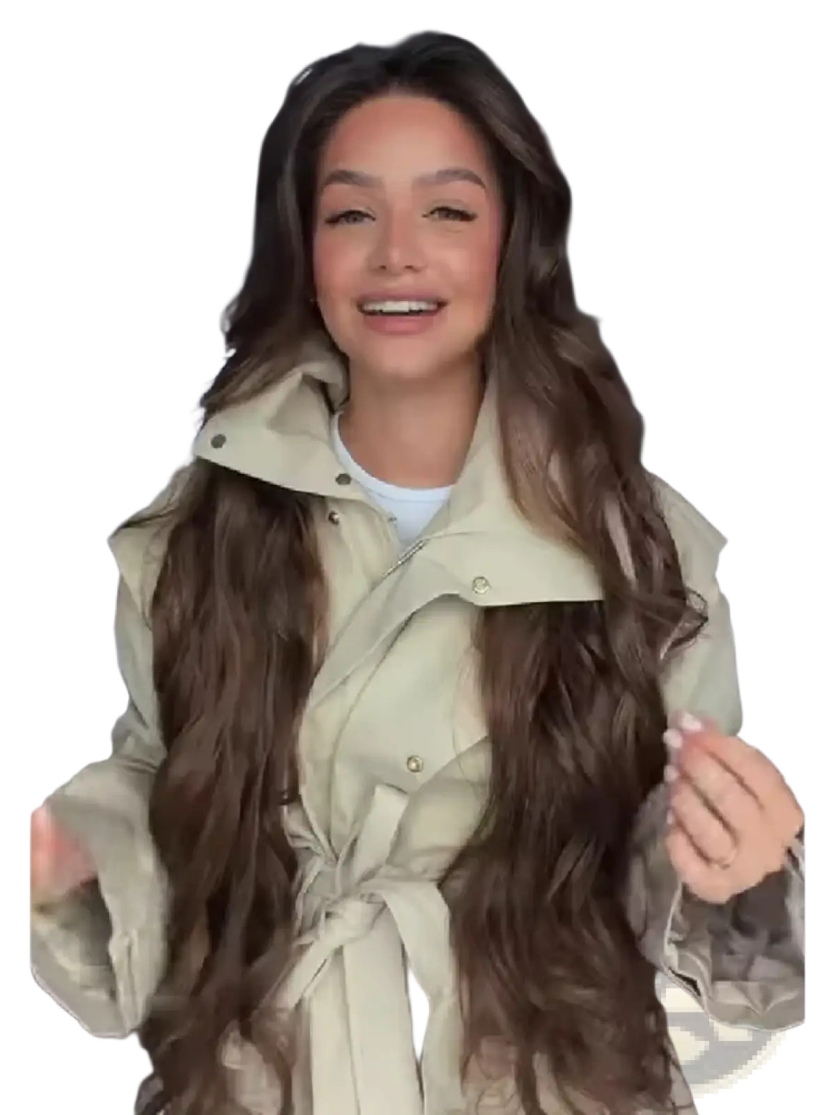 Women short beige trench coat with belted waist and buttoned collar in a lightweight utility jacket design
