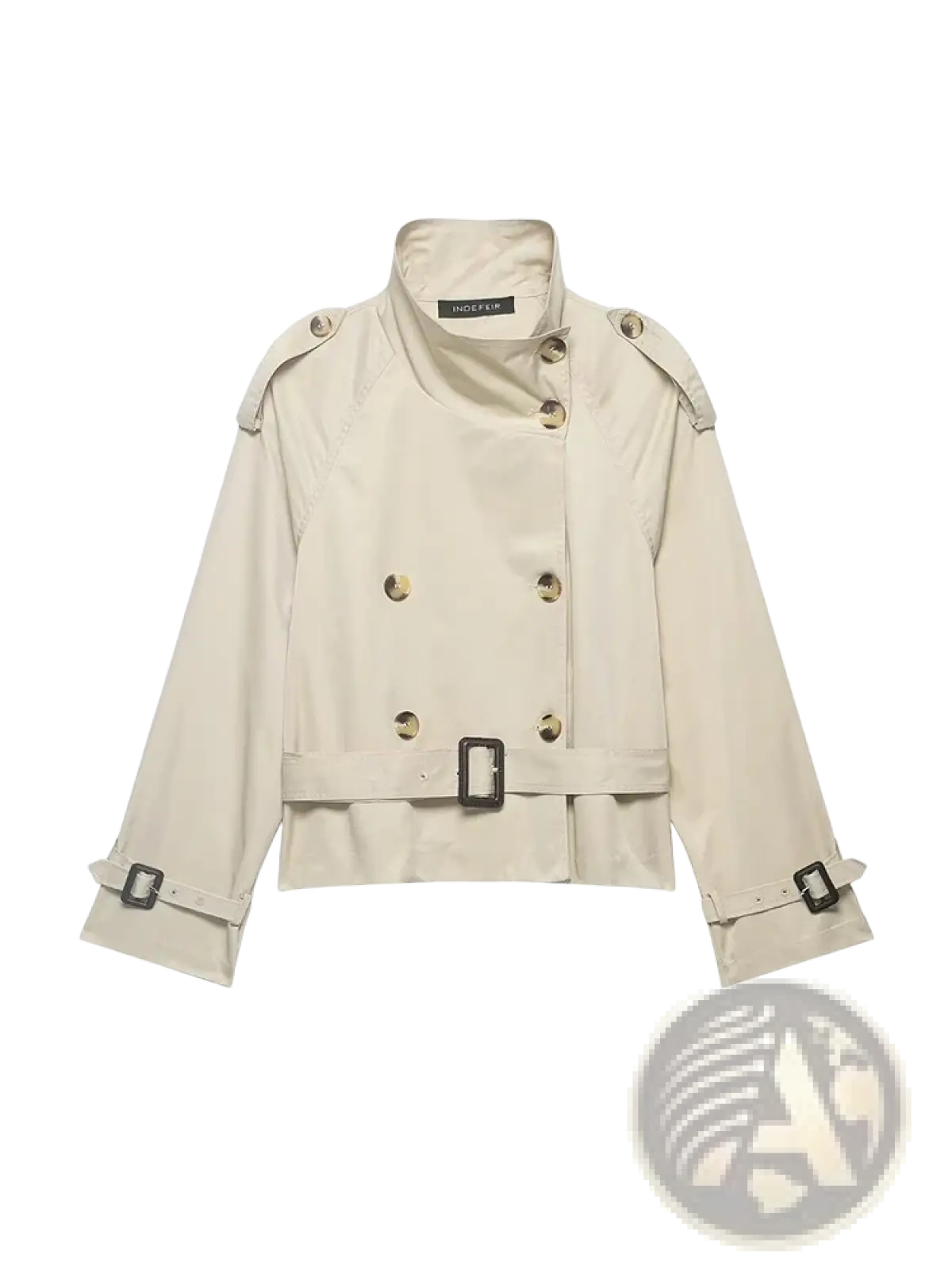 Women short beige trench coat featuring gold-tone buttons and black buckle details on the front side