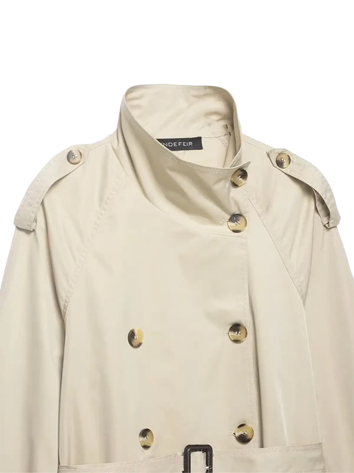 Women short beige trench coat featuring gold toned buttons and a structured collar for elegant outerwear
