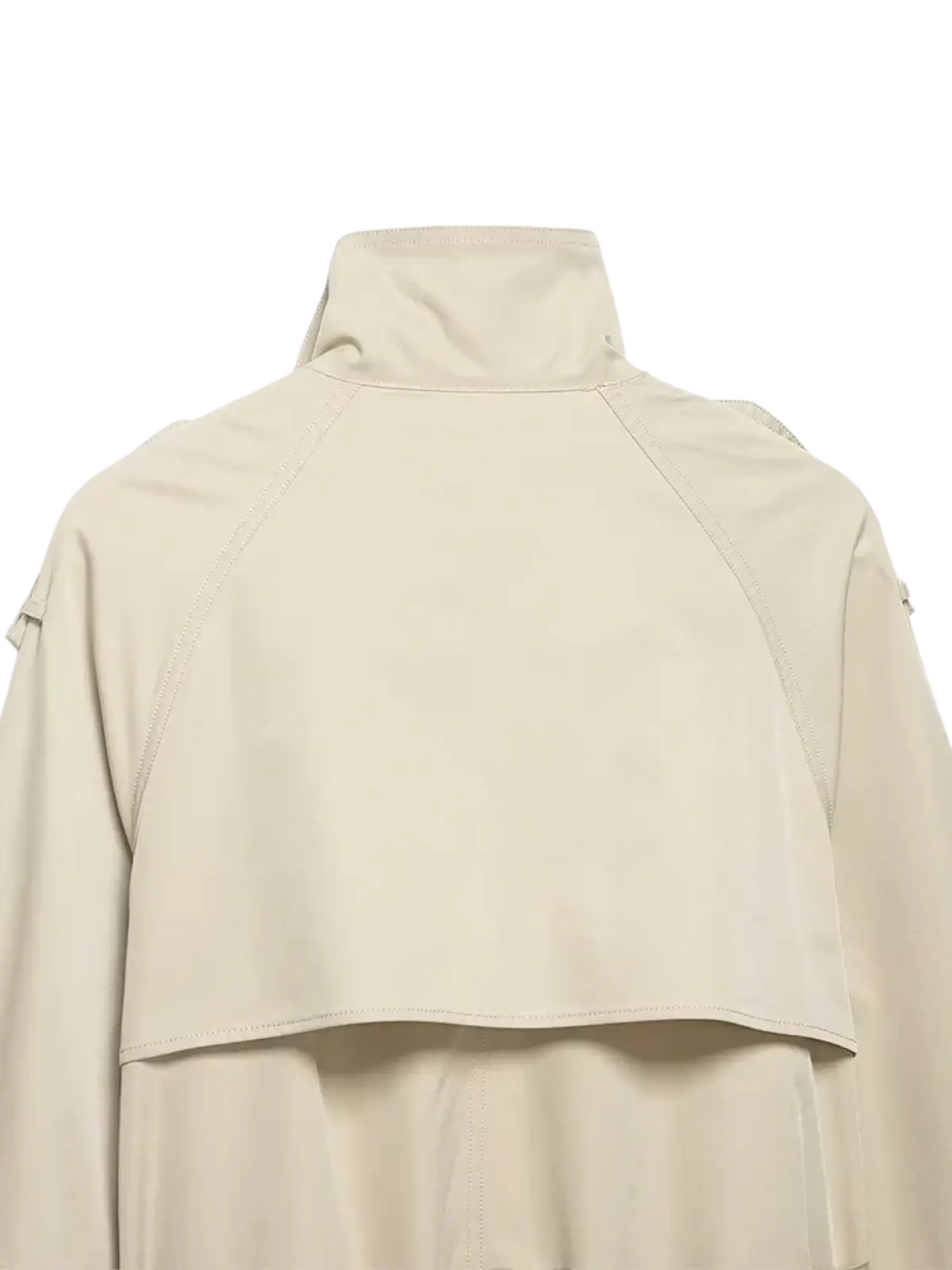 Women short beige trench coat with high collar and structured shoulders made from lightweight fabric