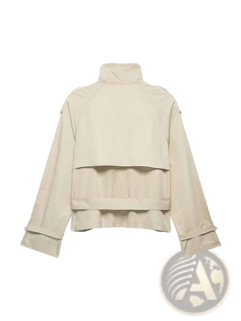 Women short beige trench coat with layered structured design and rolled cuffs made of lightweight fabric