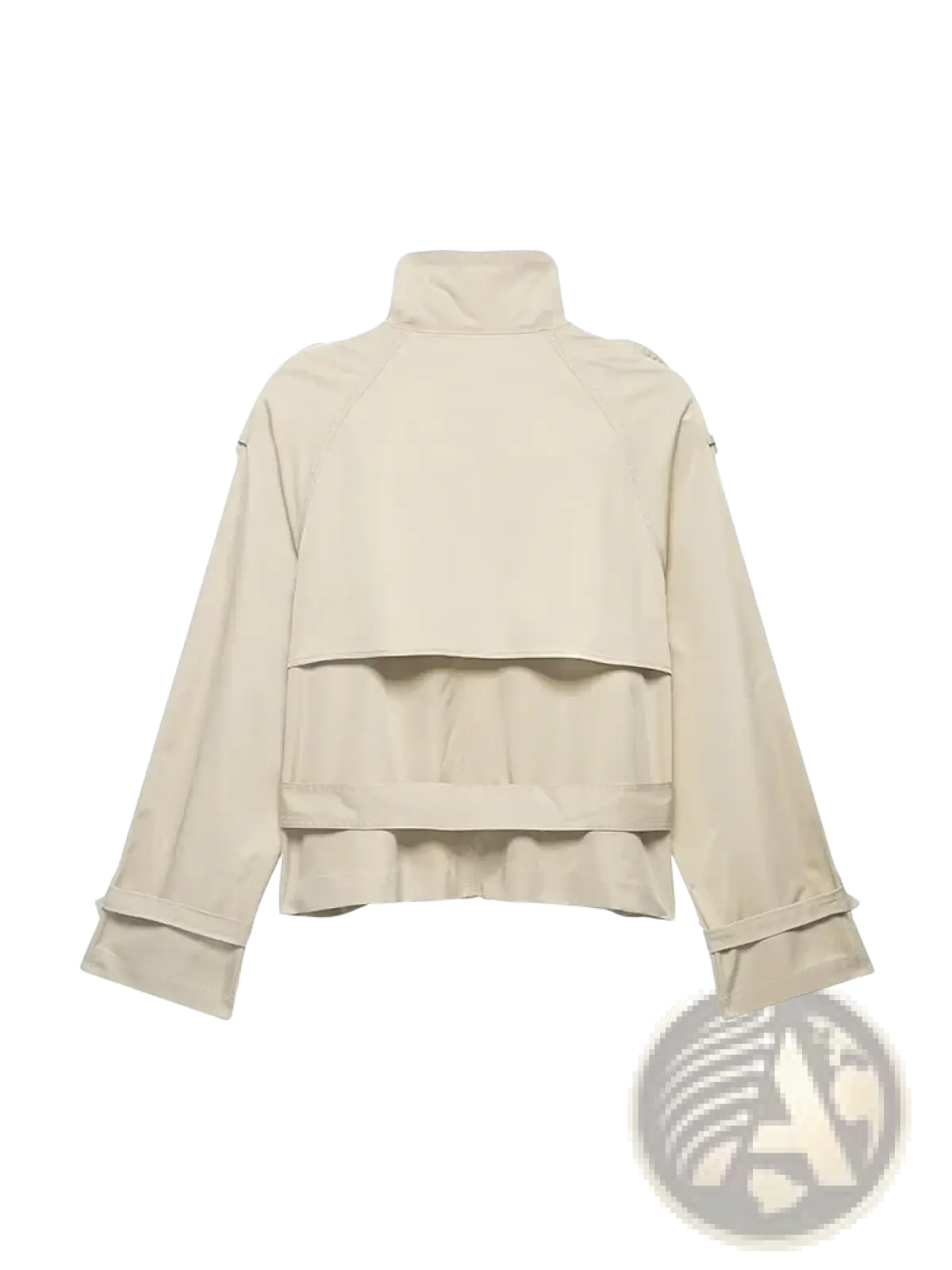 Women short beige trench coat with layered structured design and rolled cuffs made of lightweight fabric