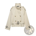 Women short beige trench coat featuring gold toned buttons and black buckle accents in a classic design