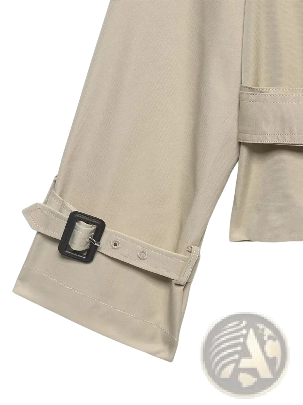 Beige short trench coat sleeve with black buckle and matching belt strap for women in lightweight material