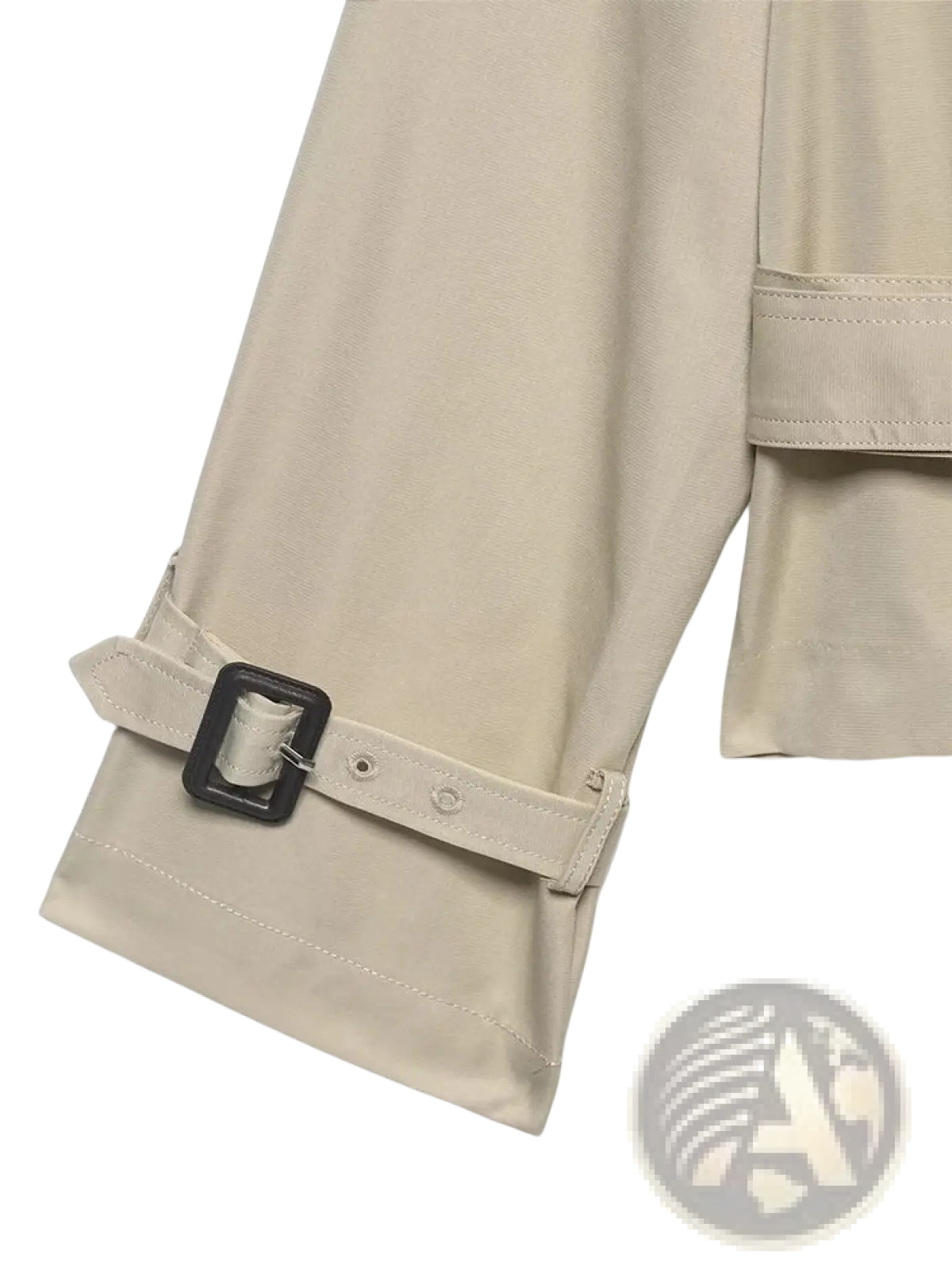Beige short trench coat sleeve with black buckle and matching belt strap for women in lightweight material