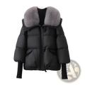 Black women short down puffer jacket with plush gray fur collar and ribbed cuffs for cold weather wear