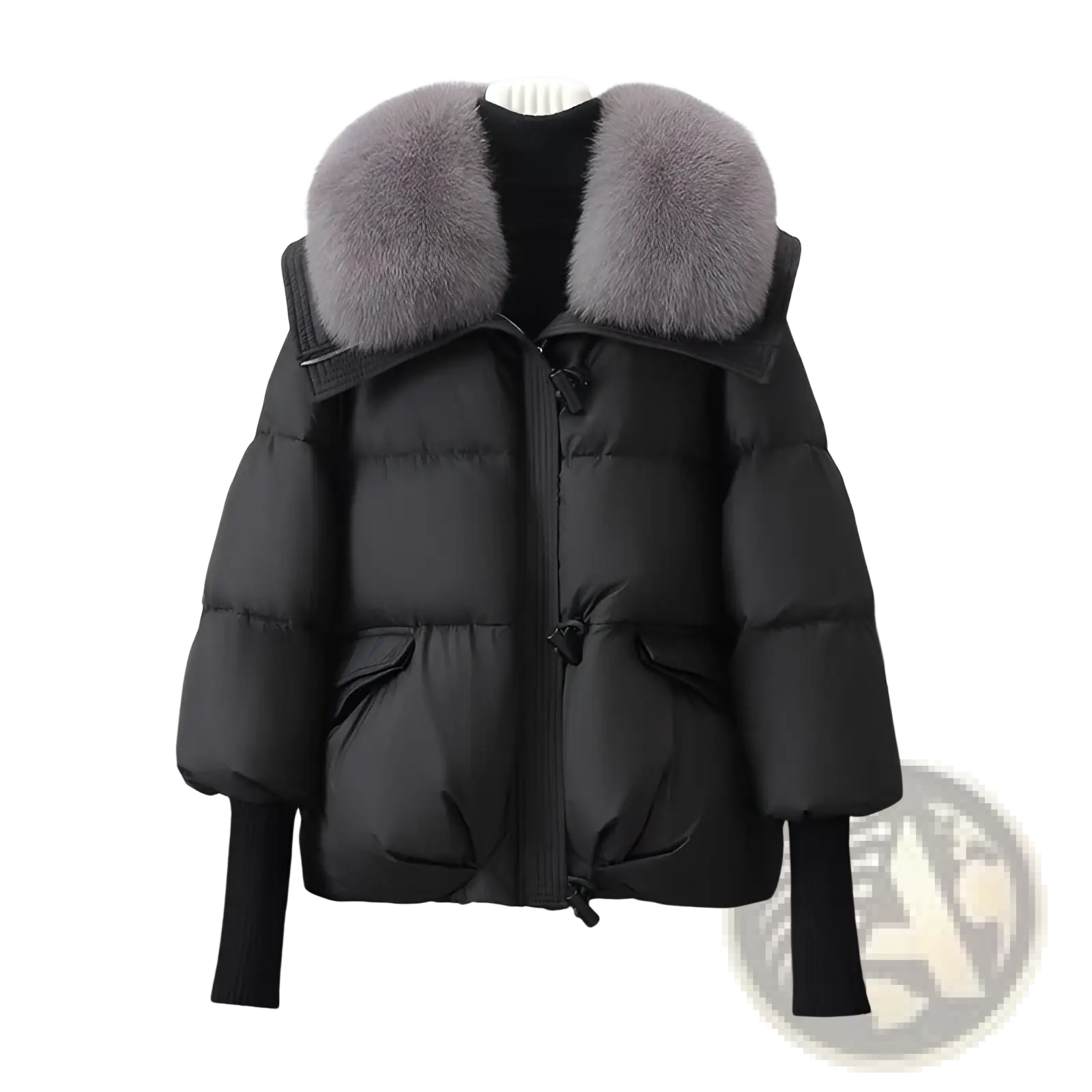 Black women short down puffer jacket with plush gray fur collar and ribbed cuffs for cold weather wear