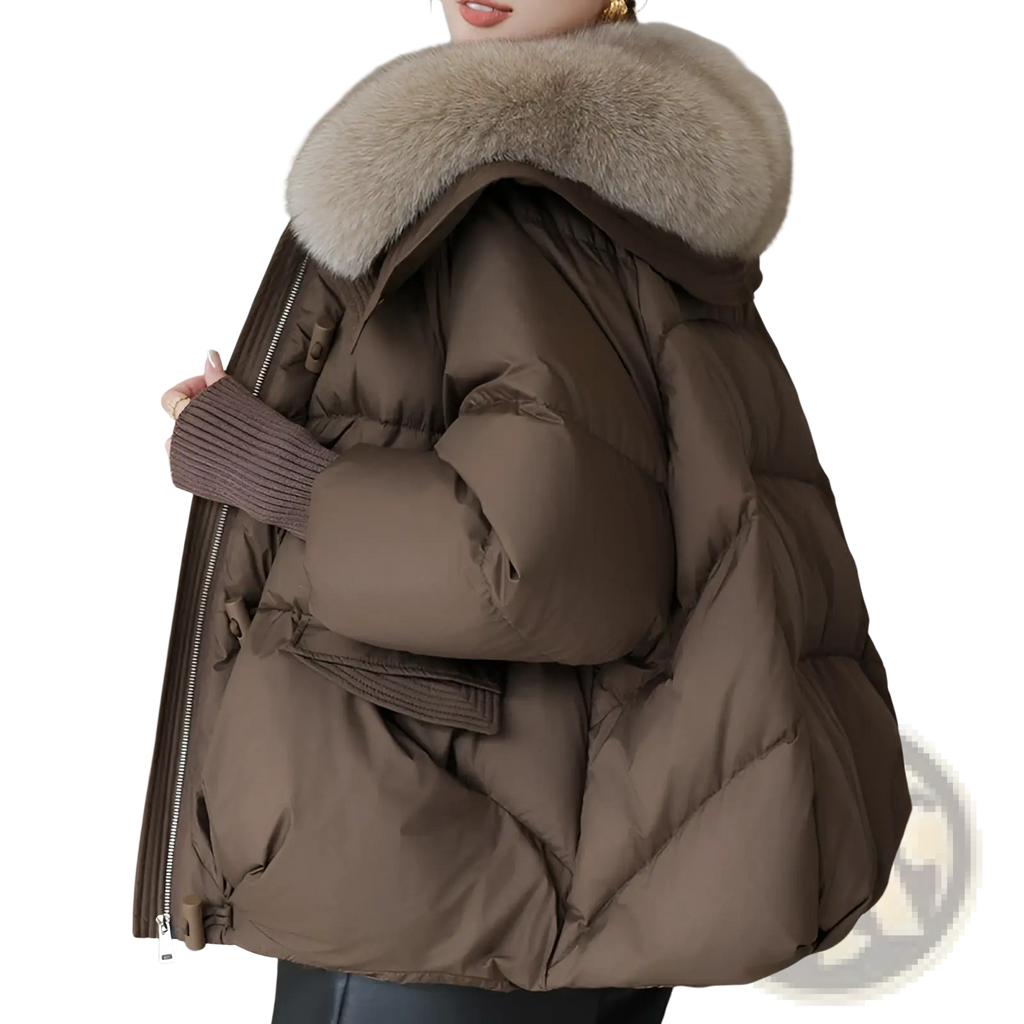 Women short brown down puffer jacket with plush light gray fur-lined hood and warm insulated design
