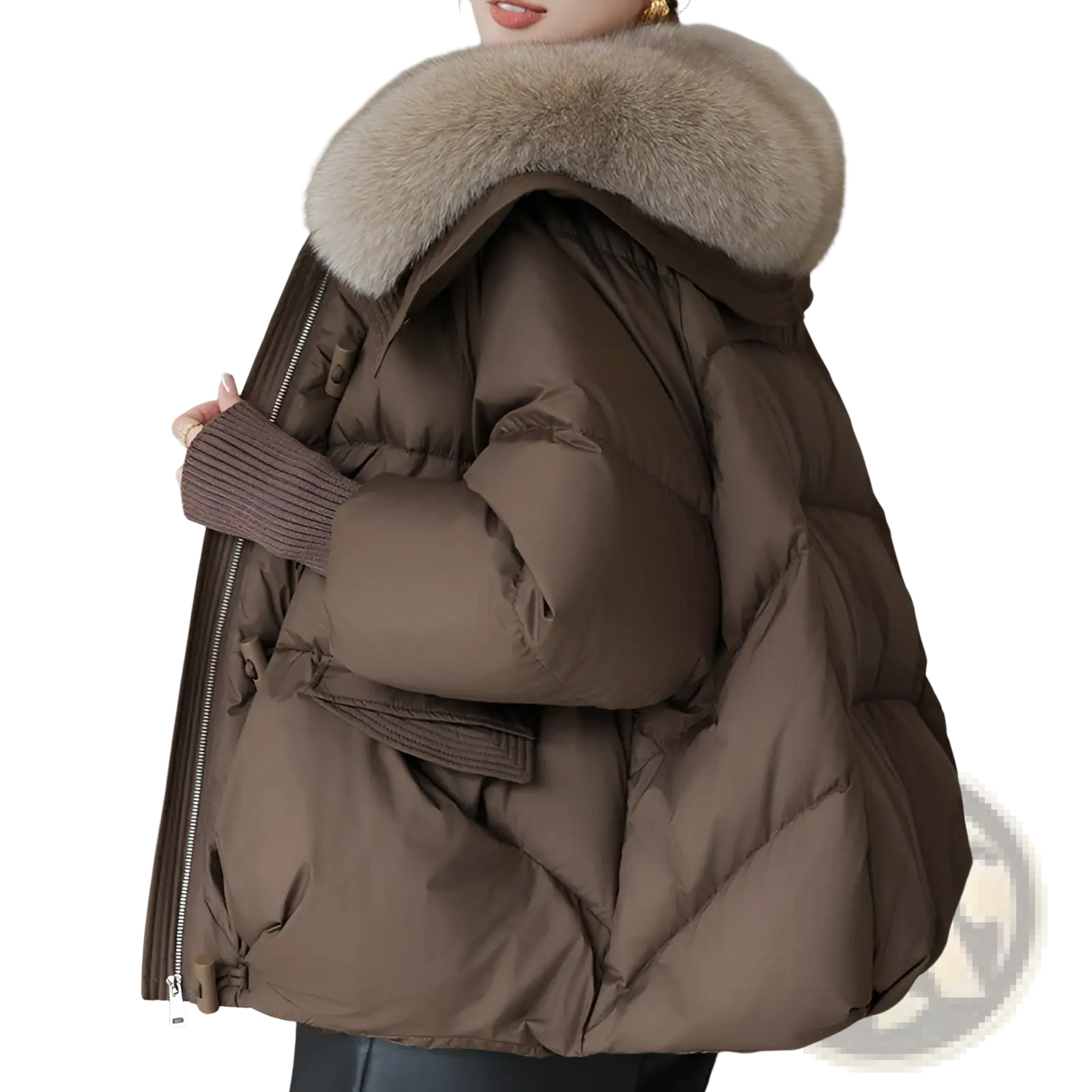 Women short brown down puffer jacket with plush light gray fur-lined hood and warm insulated design