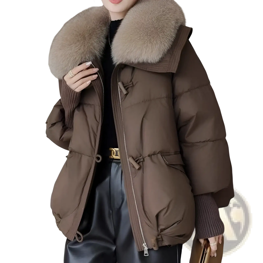 Women short brown down puffer jacket with plush light brown fur-lined hood and ribbed knit cuffs