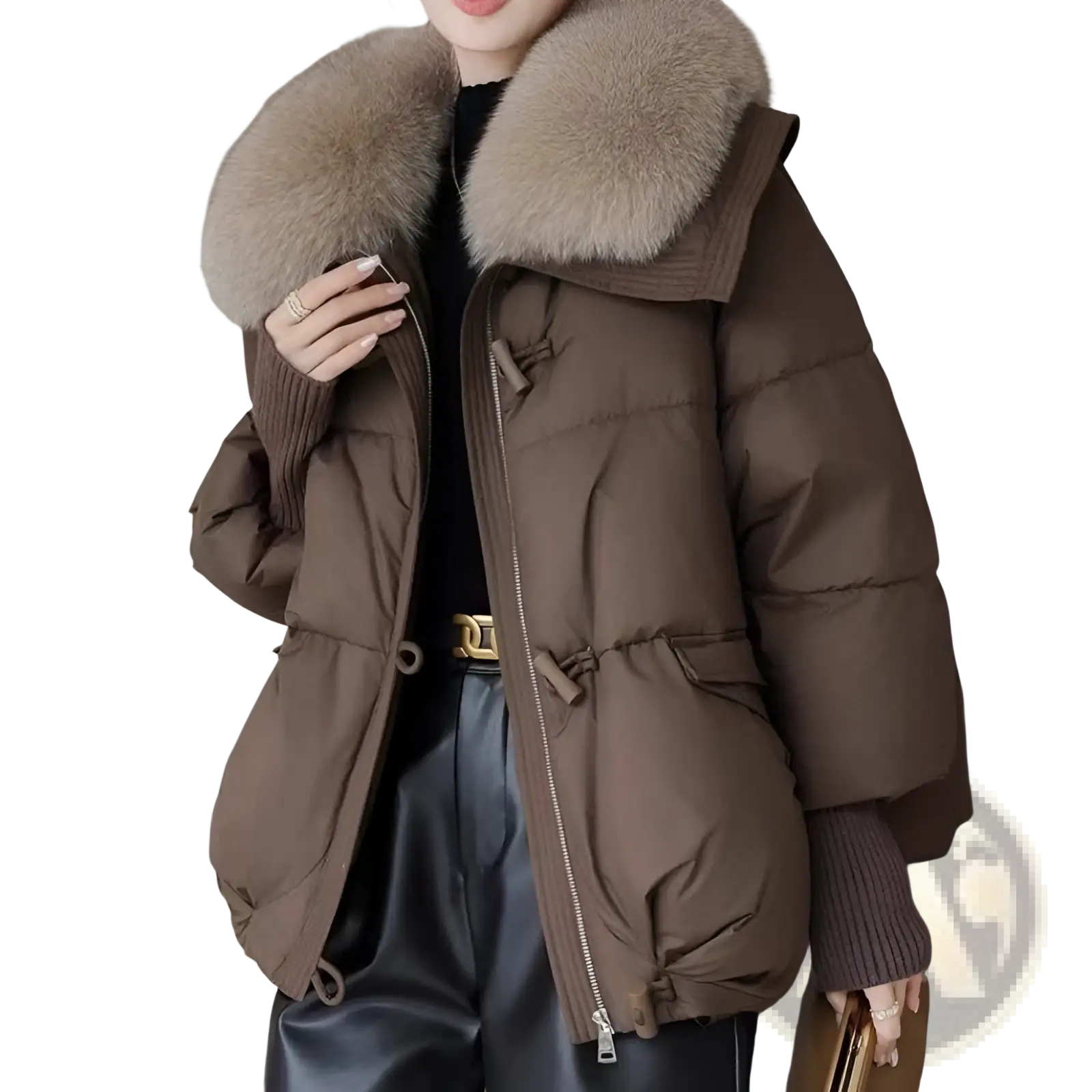 Women short brown down puffer jacket with plush light brown fur-lined hood and ribbed knit cuffs