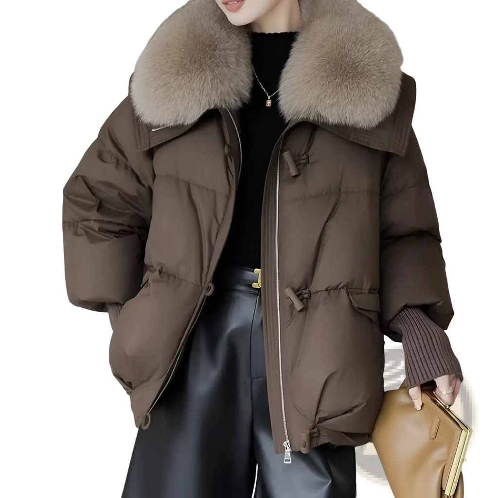 Brown women short down puffer jacket with plush light brown fur lined hood and warm insulating material