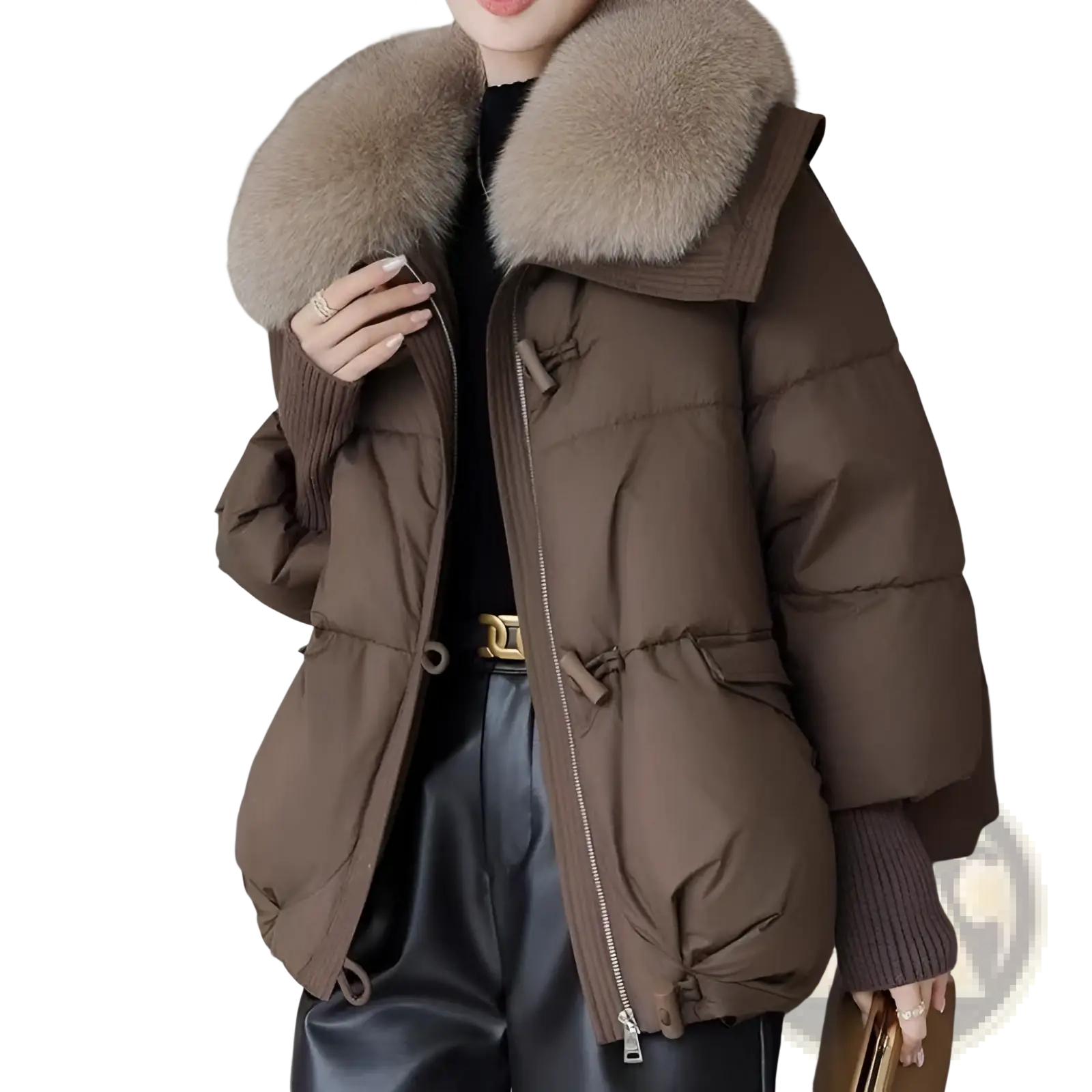Women short fur collar down puffer jacket in brown with plush light brown fur-lined hood and ribbed knit cuffs