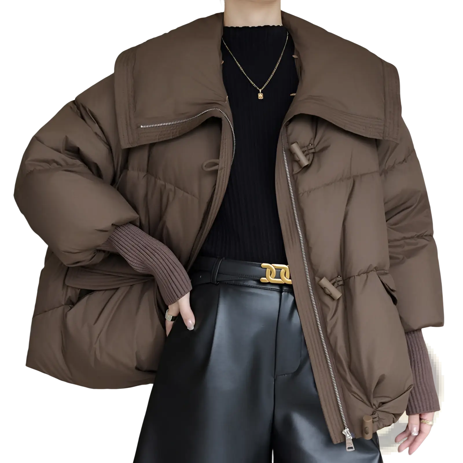 Brown women short down puffer jacket with wide fur collar and ribbed cuffs for cold weather wear