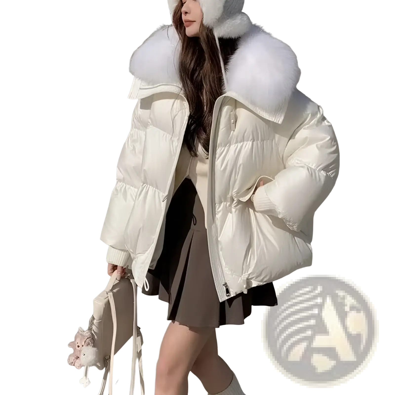 Cream-colored women short down puffer jacket with plush white fur-lined hood for cold weather wear