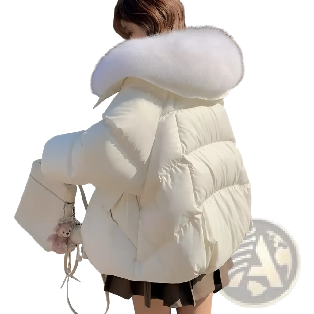 Off-white women short down puffer jacket with plush white fur-lined hood for cold weather warmth