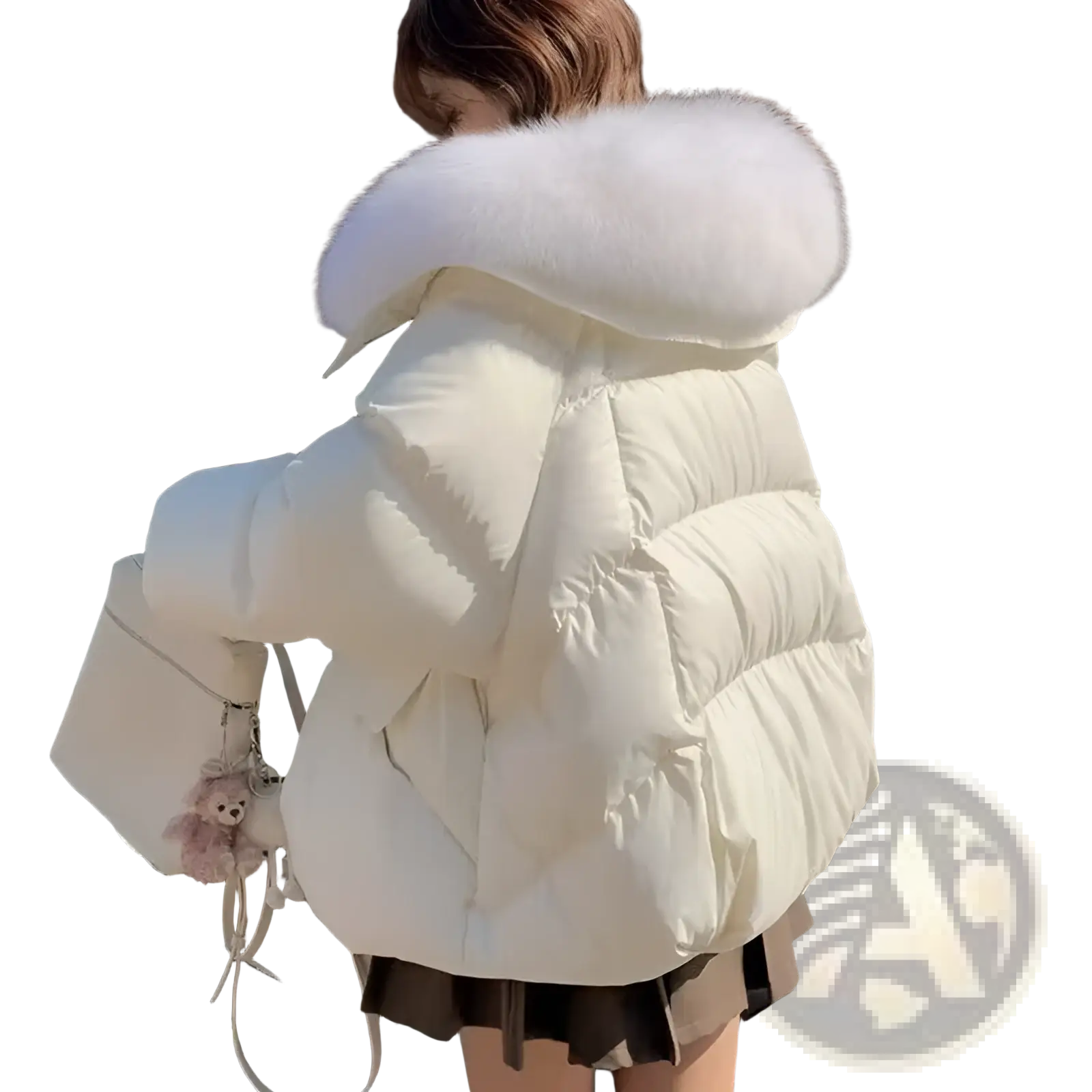 Off-white women short down puffer jacket with plush white fur-lined hood for cold weather warmth
